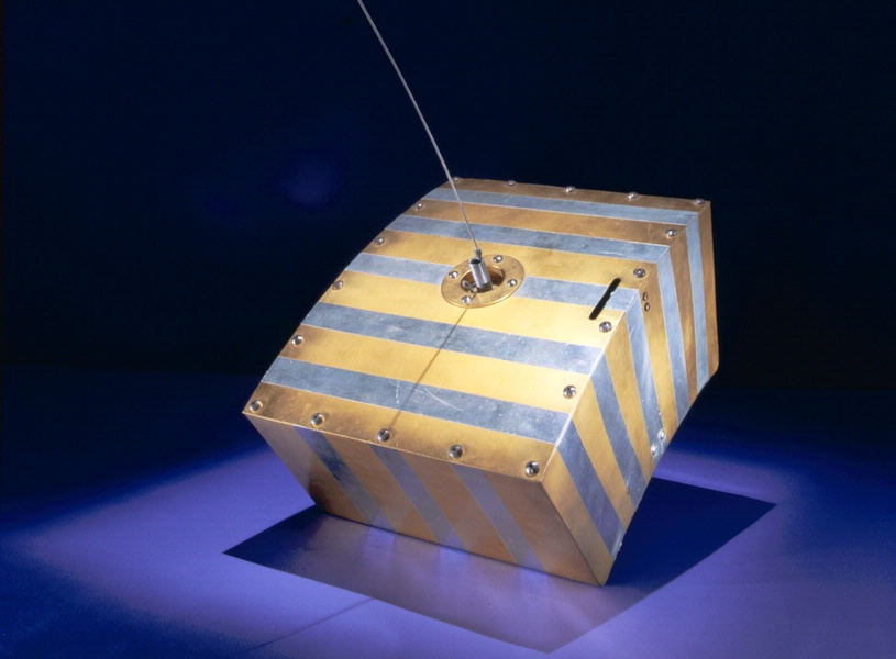 A scale model of the OSCAR 1 satelliteโbuilt by the members of Project OSCARโhoused at the National Air and Space Museum.